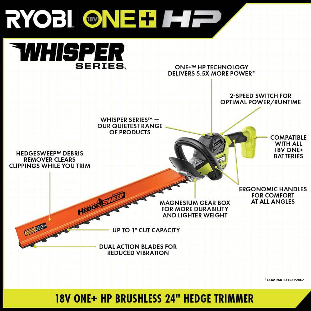 RYOBI ONE HP 18V Brushless Whisper Series 24 in Cordless Hedge Trimmer