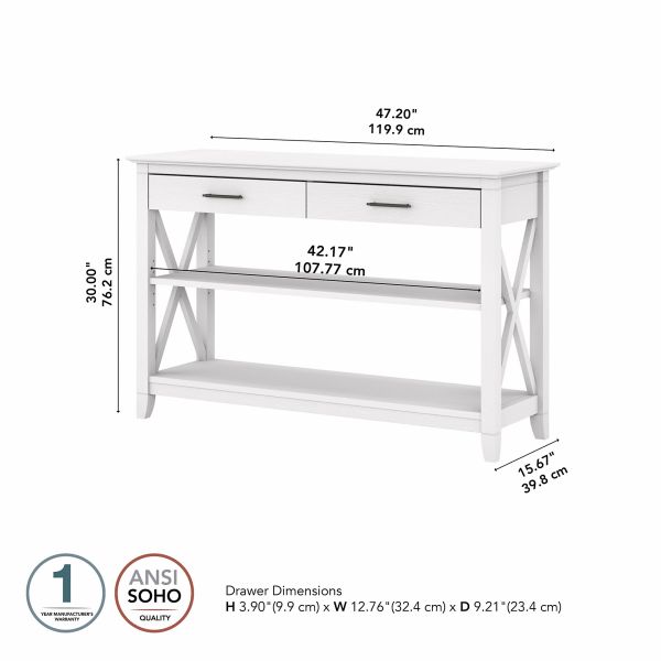 Bush Furniture Key West Console Table with Drawers and Shelves in Pure White Oak