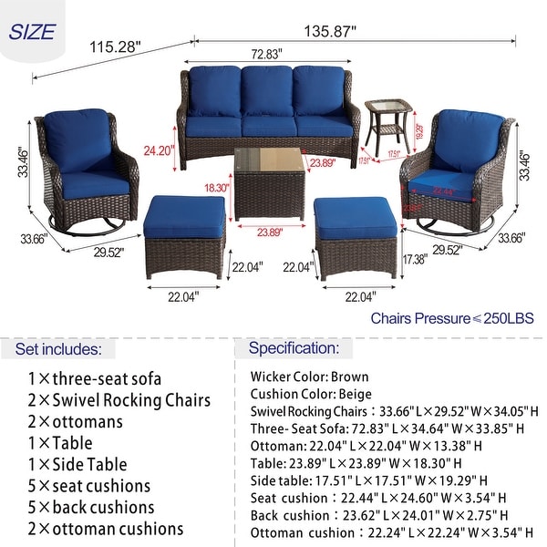 OVIOS 7piece Patio Furniture Rocking Swivel Wicker Chair Set