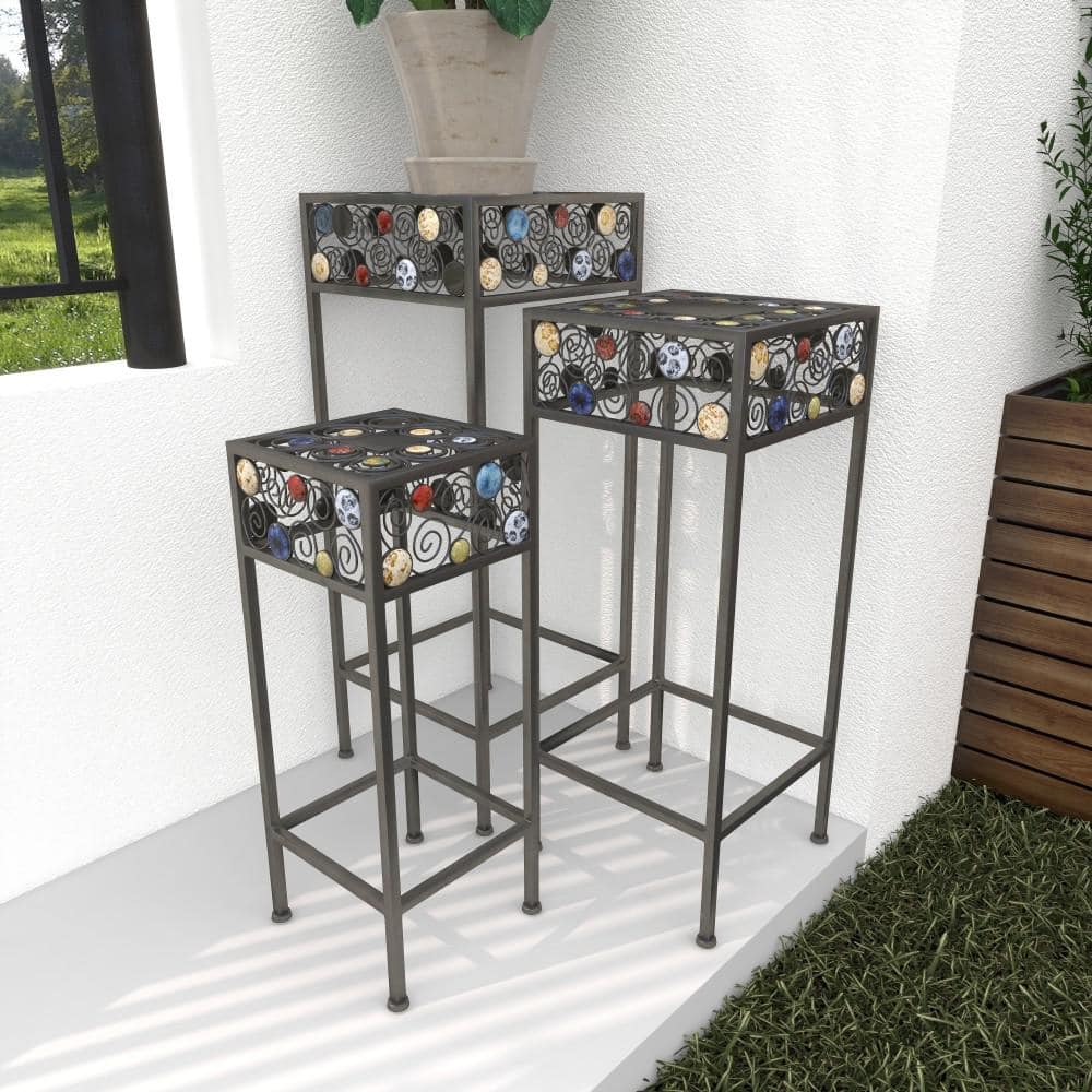 Litton Lane Large Black Metal Scroll Jeweled 3 Tier Plantstand (Set of 3) 61531