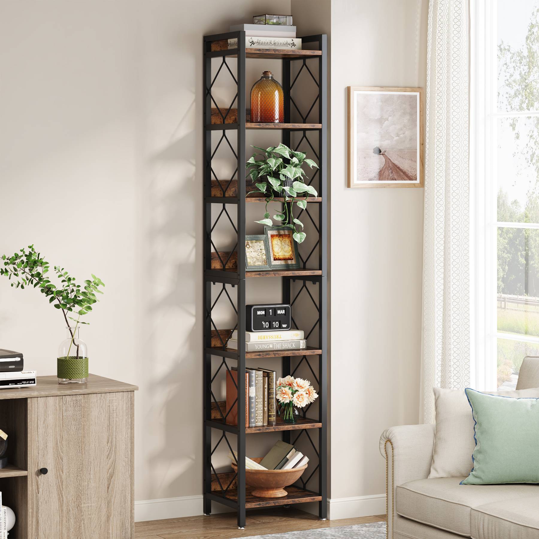 7-Tier Corner Shelf, 78.7 Narrow Bookshelf Corner Bookcase