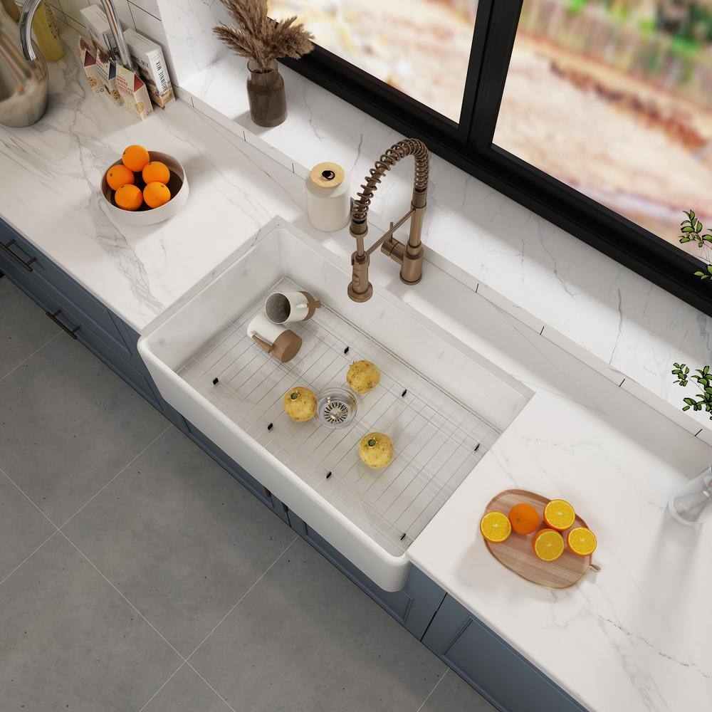 Fireclay Farmhouse Kitchen Sink 33 in. Apron Sink Single Bowl Farm Sink with Bottom Grid in and Drain White Color FFKS-33