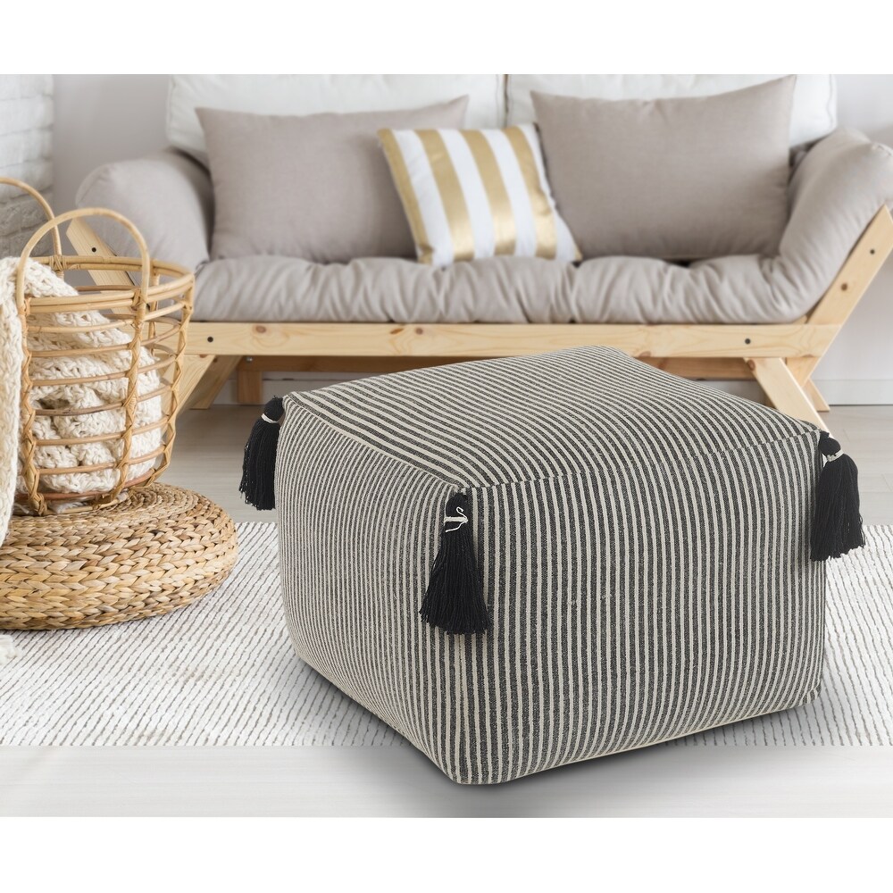 LR Home Striped Gray Pouf with Tassels