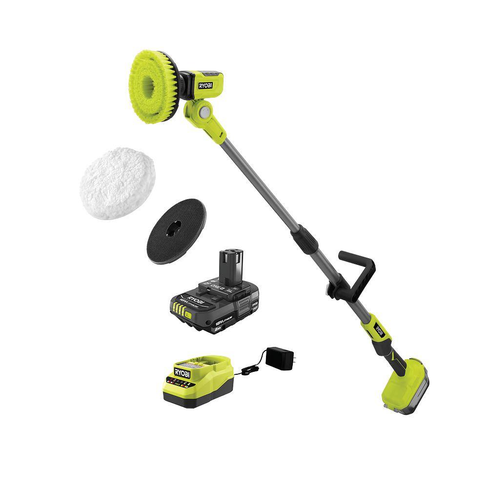 RYOBI ONE+ 18V Cordless Telescoping Power Scrubber Kit with 2.0 Ah Battery and Charger and 6 in. Lambs Wool Microfiber Kit P4500K-A95LWK1