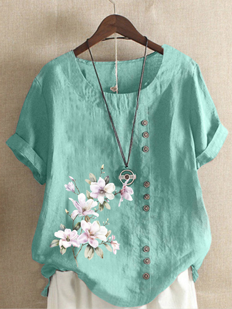 Round Neck Casual Loose Floral Print Short Sleeve Blouse