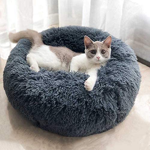 HQZY Plush Cat Calming Bed，  Plush Round Dog Bed Anti Anxiety Cuddler Comfy Dog Mat for Small Medium Dogs and Cats，Dark Grey 23.4