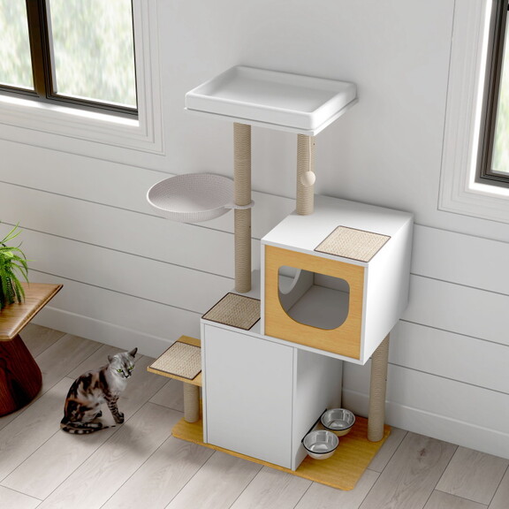 Wood Cat Tree Tower  Cat Furniture with Scratching...