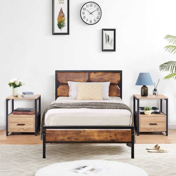 Taomika Industrial 3-pieces Bed with Wood Headboard and Square Nightstands Set - - 35162736