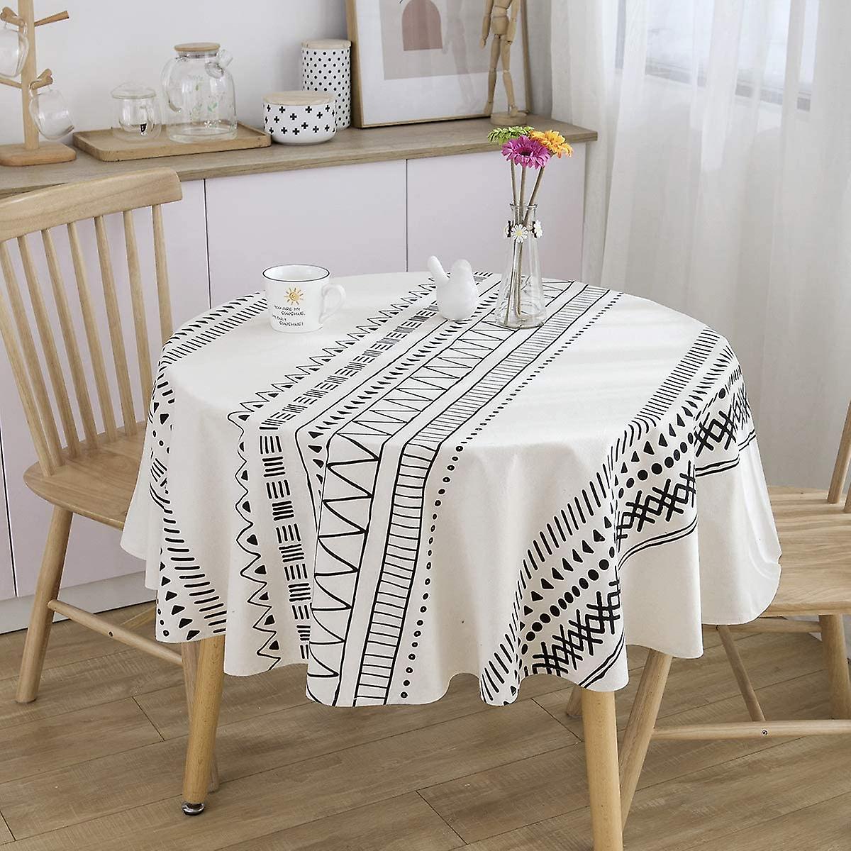 Cotton Linen Table Cloths Heavy Fabric Boho Table Cover Table Top Tablecloth For Farmhouse Coffee Kitchen Picnics White Black Round 60 Inch(4-6 Seats)