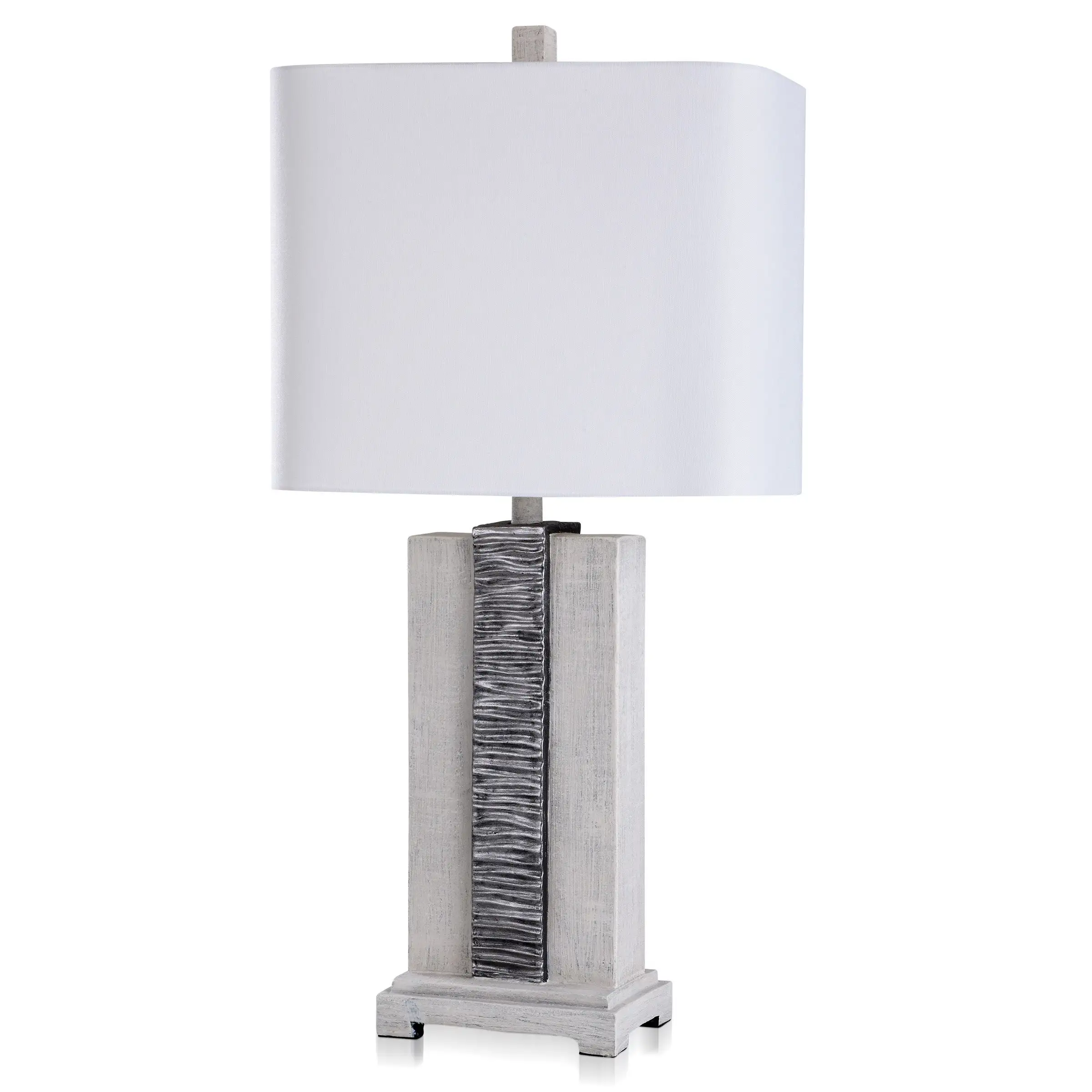 Owen - Transitional Waterfall Resin Table Lamp - Distressed White， Silver Metallic - White Linen Shade