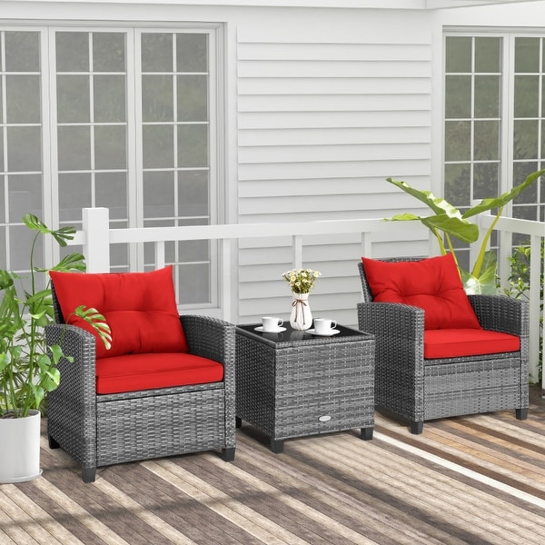 3Piece Outdoor Wicker Patio Furniture Set with Tempered Glass Coffee Table