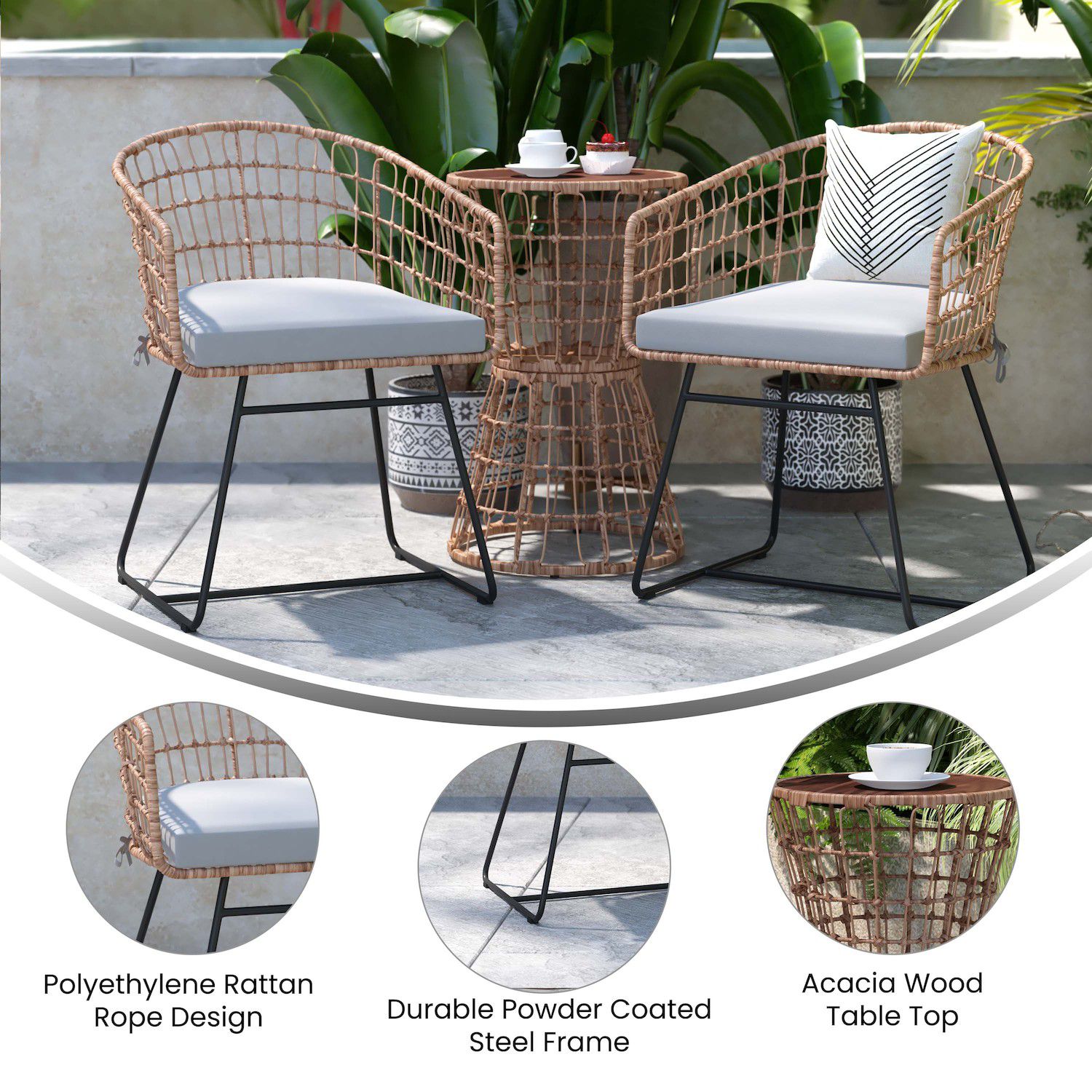 Flash Furniture Devon Indoor / Outdoor Patio Bistro Faux Rattan Table and Chairs 3-Piece Set