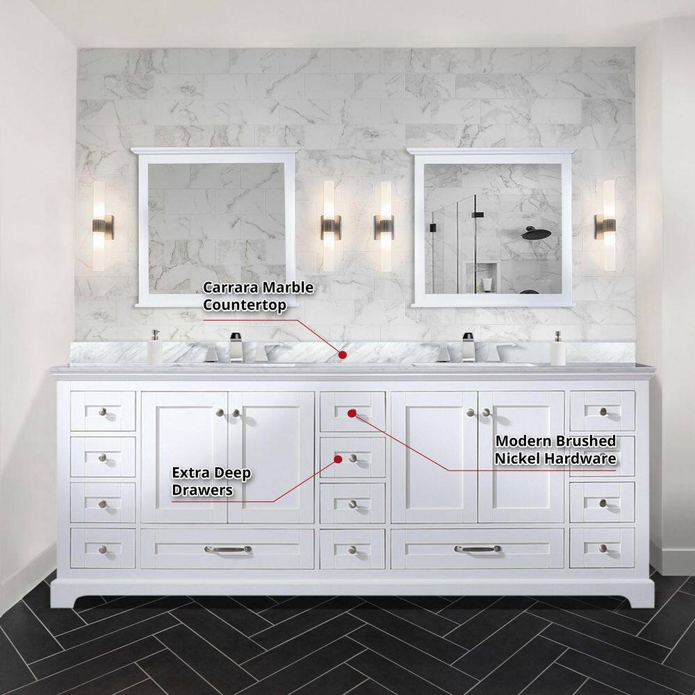 Lexora Dukes 84 in. W x 22 in. D White Double Bath Vanity and Carrara Marble Top LD342284DADS000