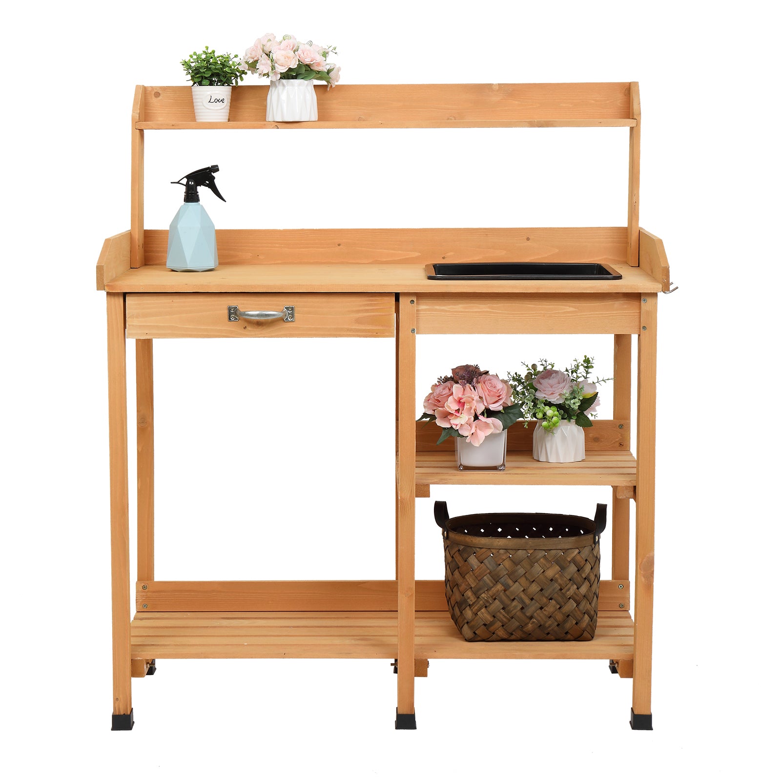 Luckinbaby Wood Garden Workbench, Large Capacity Potting Bench with Drawer