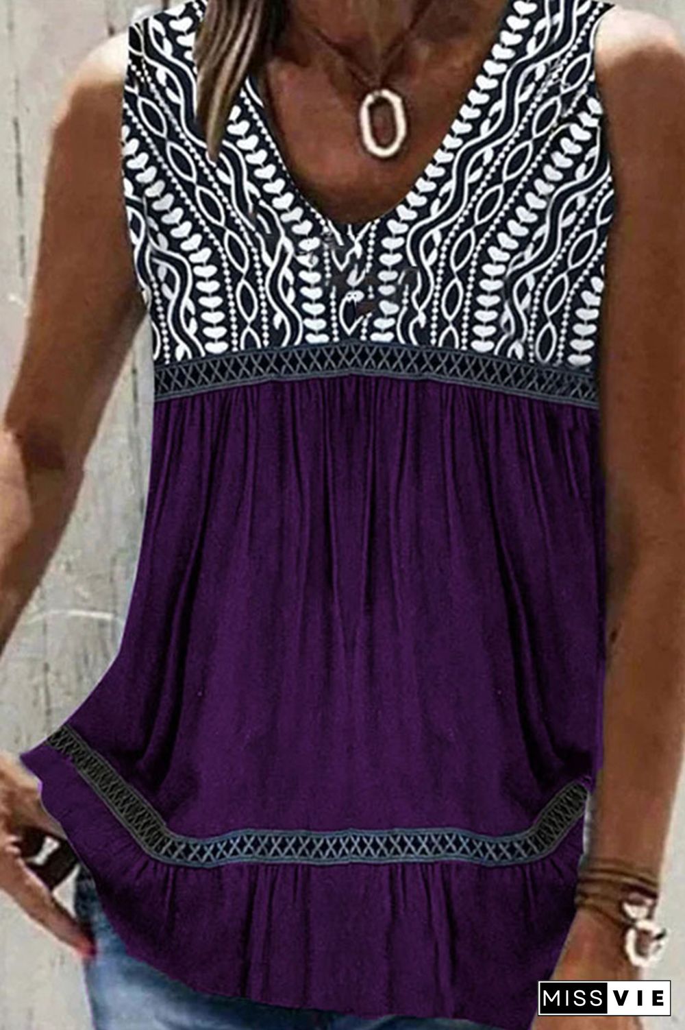 V Neck Color Block Printed Tank Top