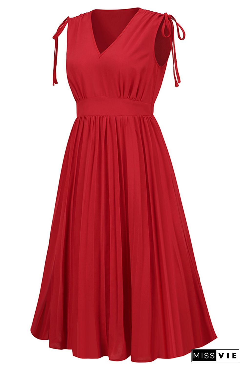 V Neck High Waist Ruched Neck Pleated Midi Dress