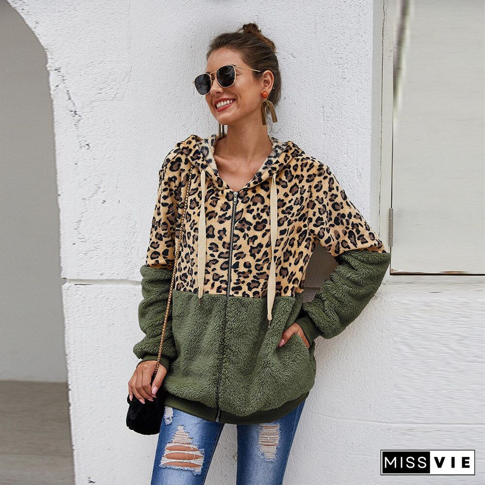 Autumn Winter Women Sweatshirt Hooded Leopard Hoodies Casual Zipper Long Sleeve Hoodie Fashion Velvet Tops Warm Coat Streetwear