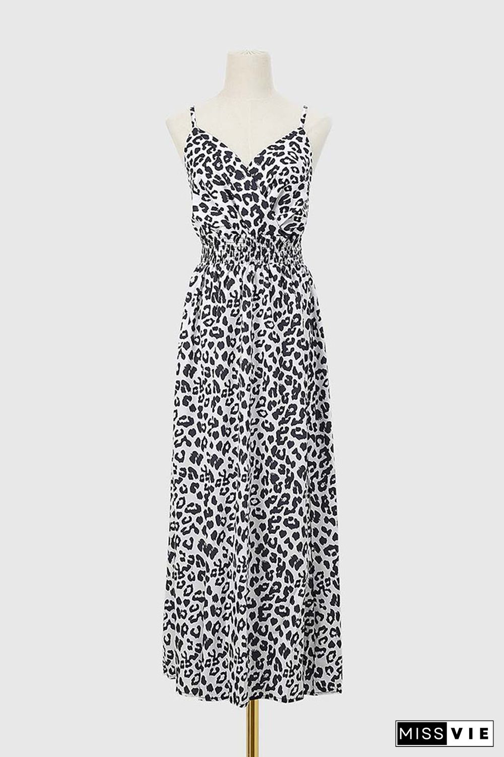 V Neck Leopard Smocked Waist Cami Maxi Dress