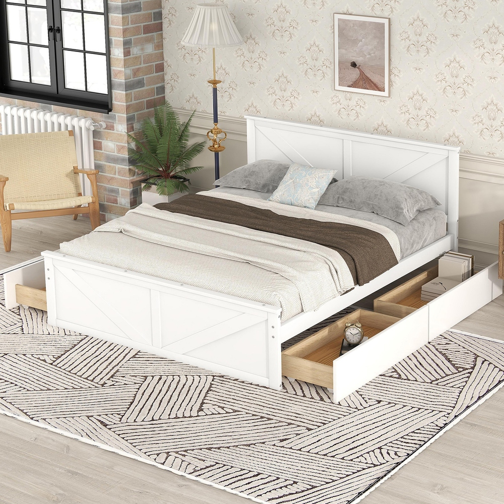 Queen Size Wooden Platform Bed Modern Sturdy Wooden Headboard with Four Removable Storage Drawers and Slatted Frame Support