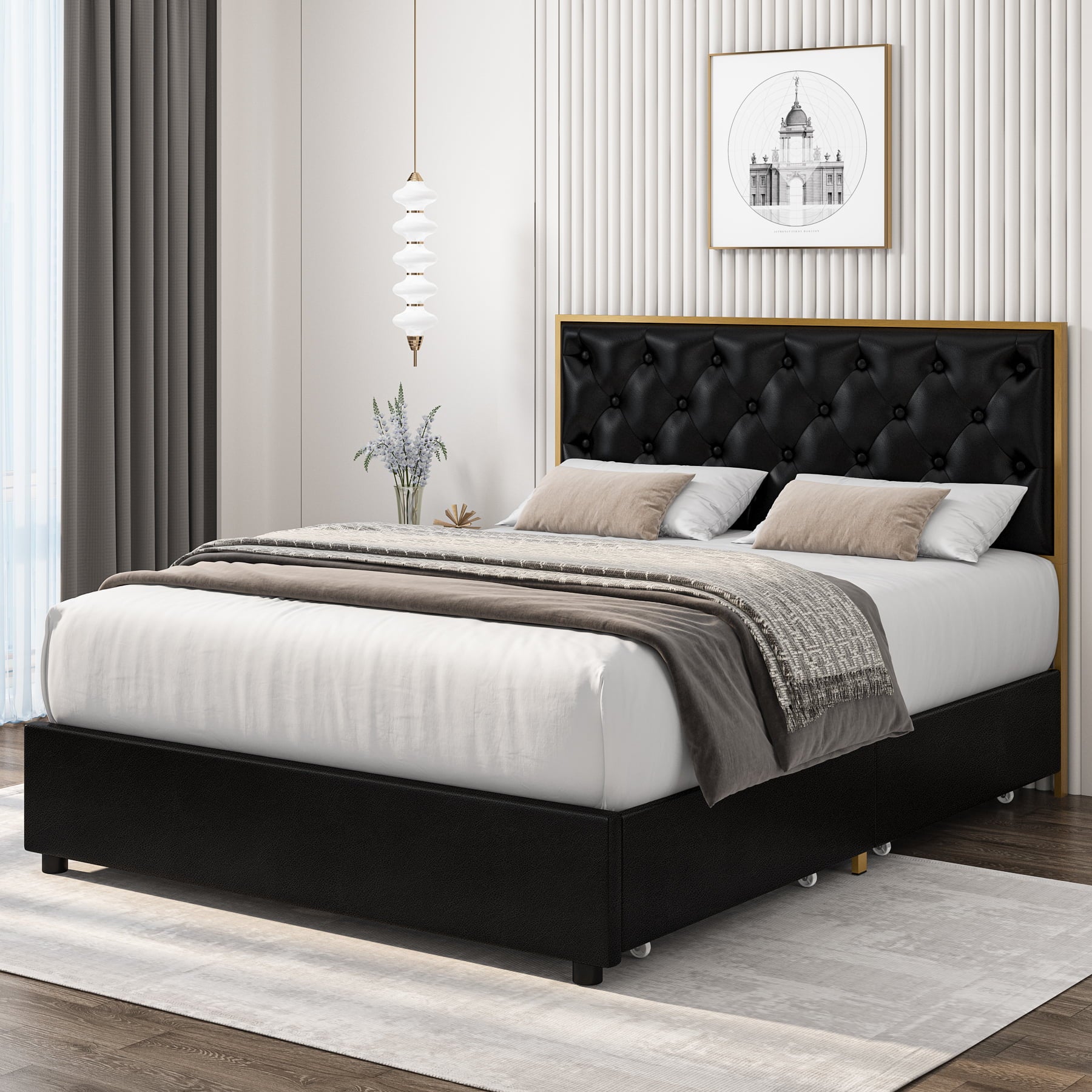 Homfa Full Platform Bed Frame with 4 Storage Drawers, Button PU Leather Upholstered Headboard, No Box Spring Needed, Black