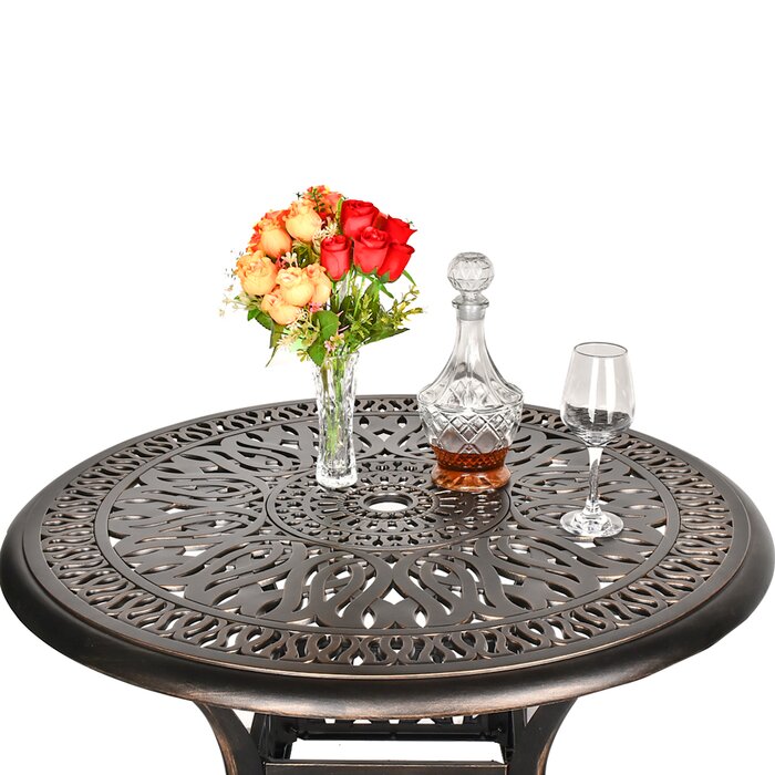 LVUYOYO 35.4" Diameter Outdoor Round Patio Bistro Dining Table Cast Aluminum Conversation Table with 2.0" Umbrella Hole