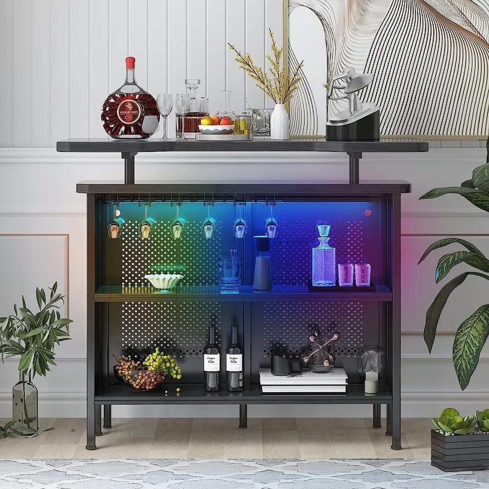 Mixoy 4 Tiers Storage Wine Bar Cabinet LED Light Buffet Counter with Stemware Rack Mini Liquor Cabinet with Footrest for Cafe