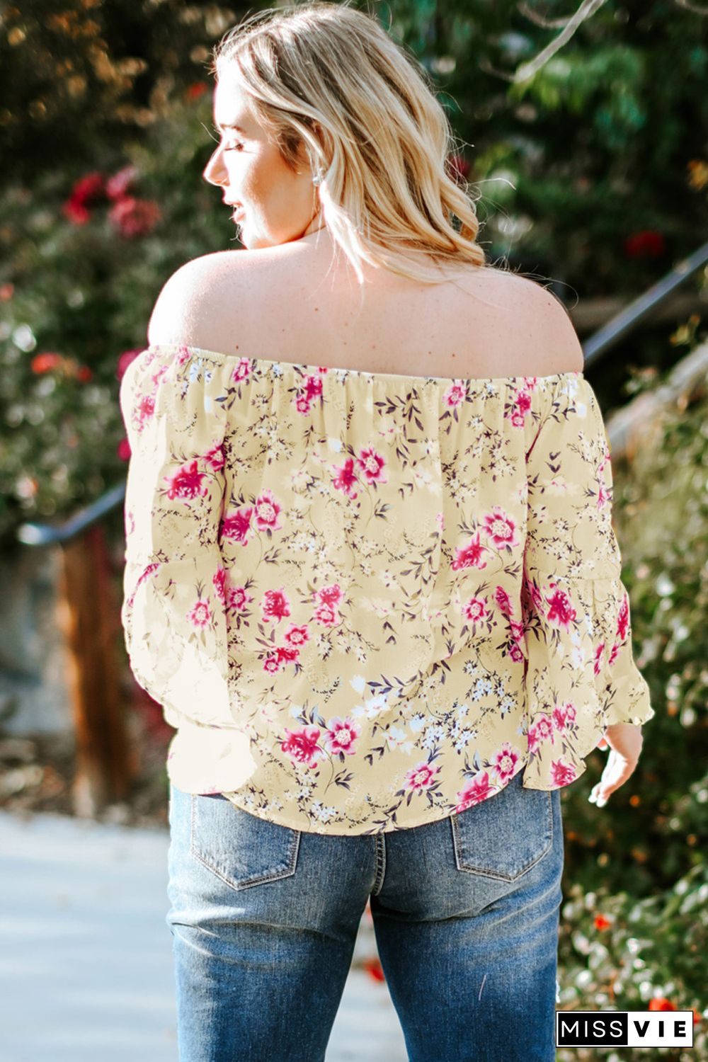 Plus Size Floral Off Shoulder Ruffle Sleeve Top