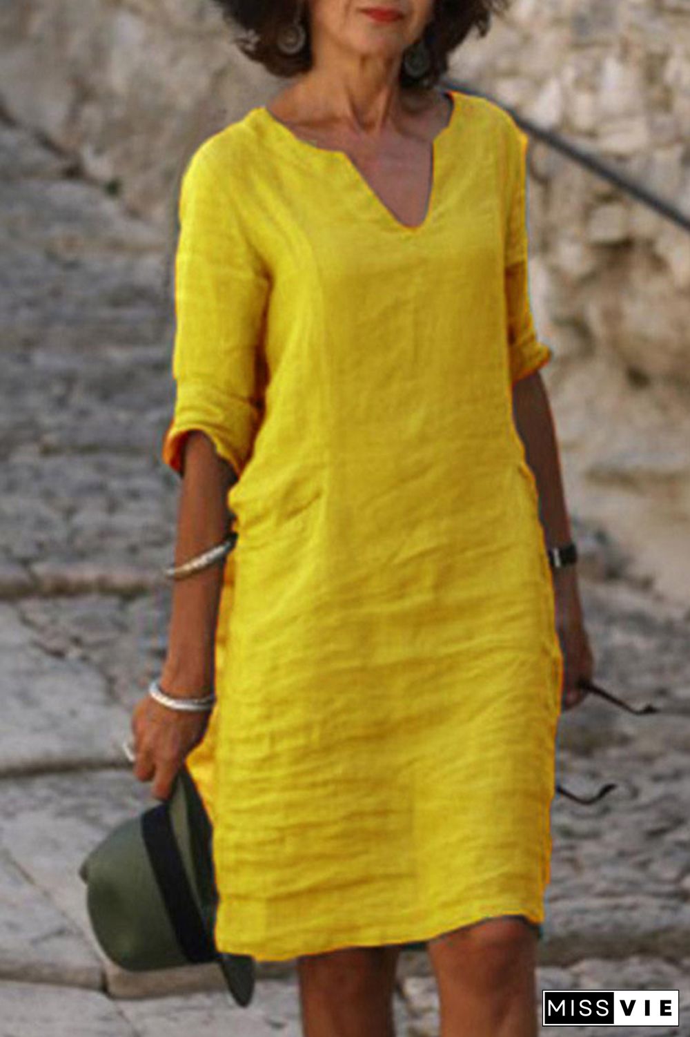 Yellow Casual Solid Basic V Neck A Line Dresses