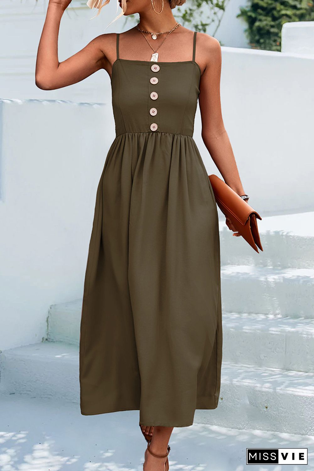 Sleeveless Buttoned Spaghetti Long Dress