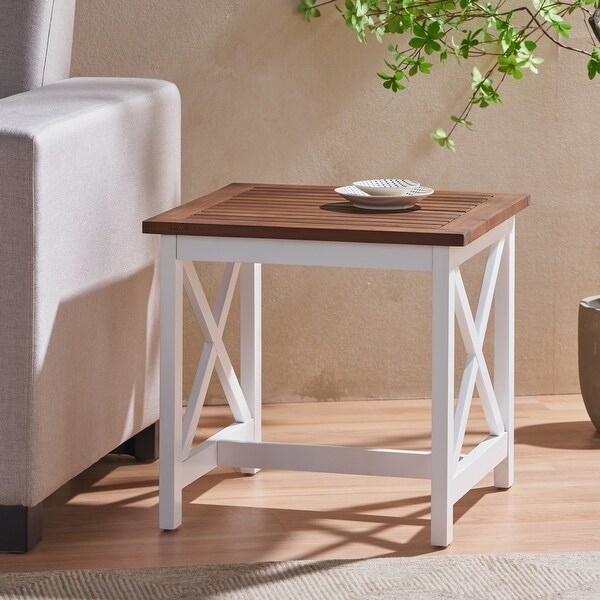 Outdoor Two Toned Side Table with Xshaped Supports and a Slatted Tabletop