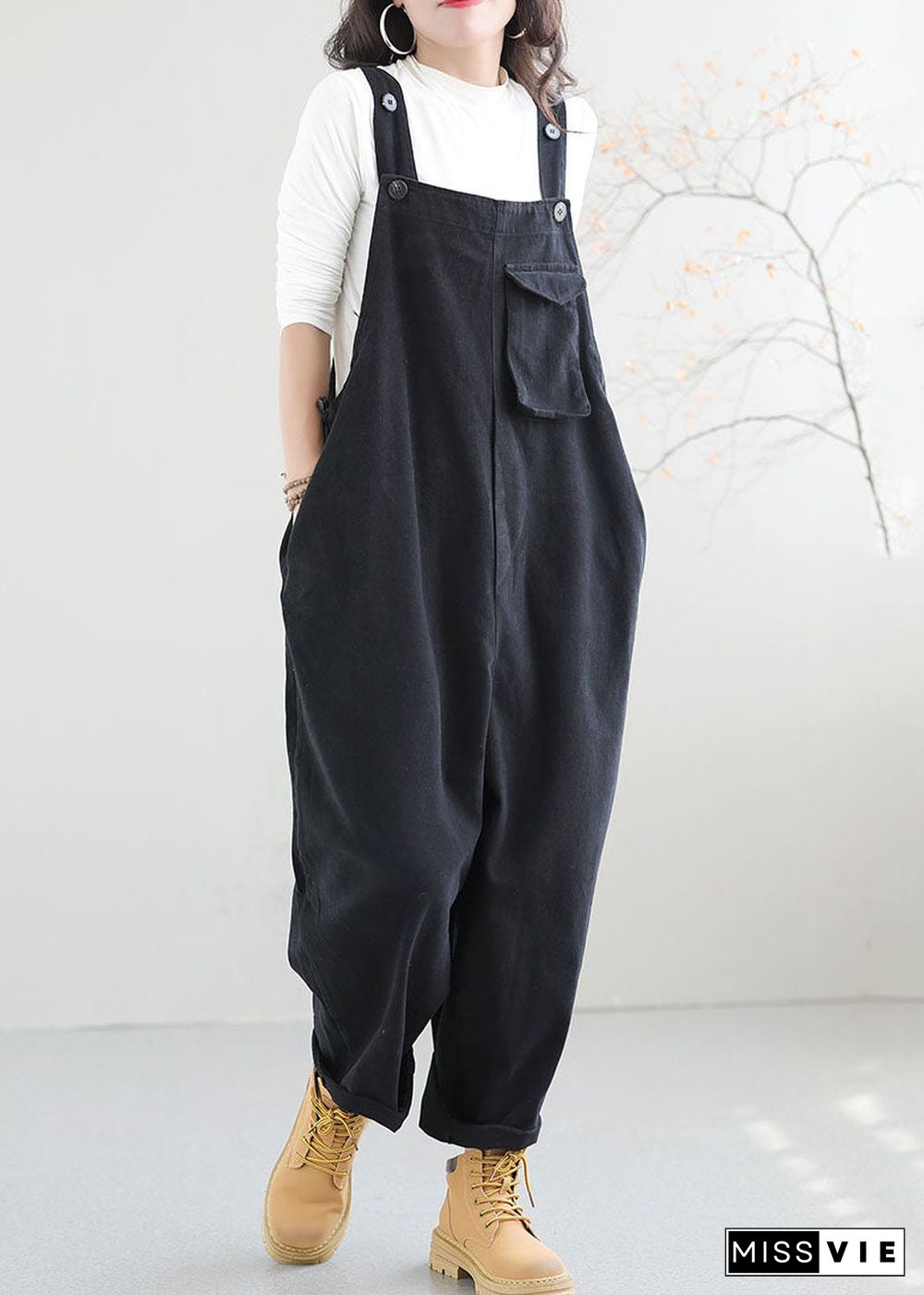 Black Pockets Patchwork Cotton Jumpsuit Button Spring