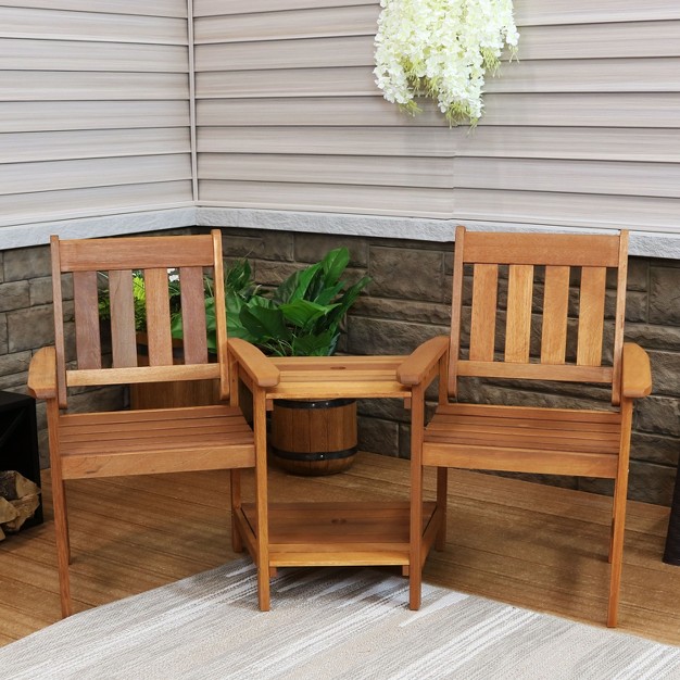 Sunnydaze Outdoor Meranti Wood With Teak Oil Finish Jack and jill Patio Chairs With Attached Table Brown