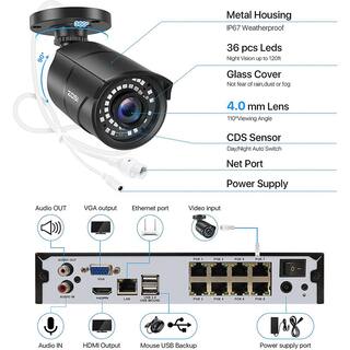 ZOSI 8-Channel 5MP POE 1TB NVR Security Camera System with 4 Wired Bullet Cameras Motion Detection Remote Access 8UM-2615B4S-10-US-A2