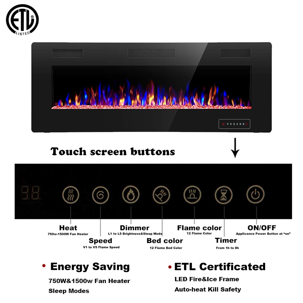 YUKOOL 50" Electric Fireplace Built-in and Wall Mount, Touch Screen, Remote