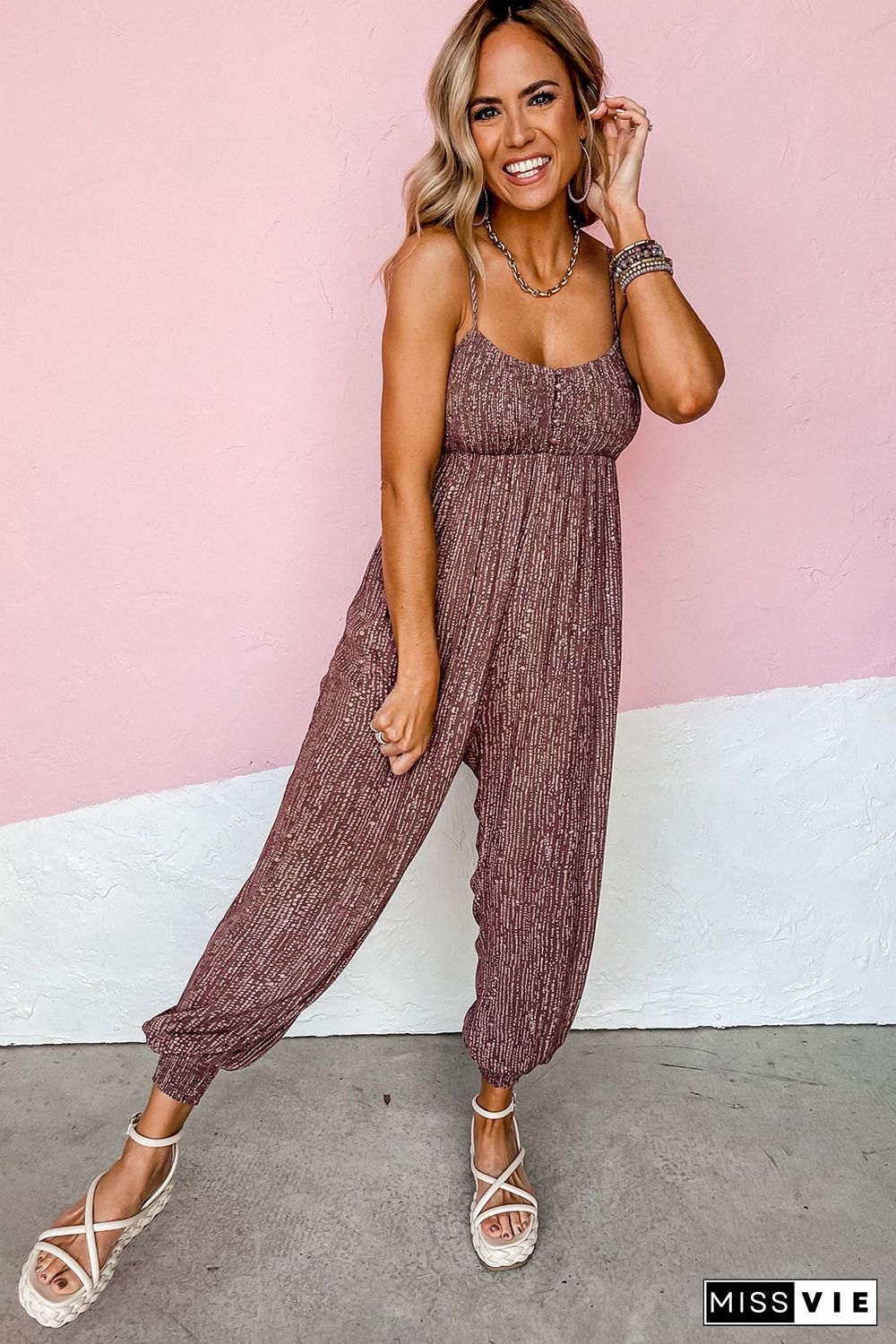 Brown Dotty Printed Puffy Trouser Legs Sleeveless Jumpsuit