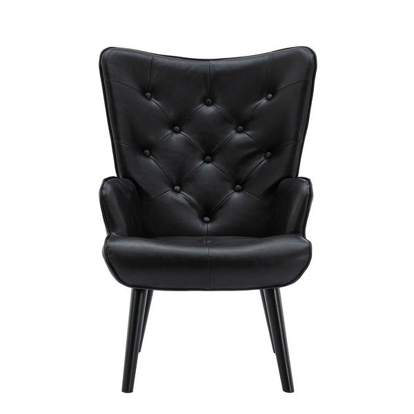 PU Leather Accent Chair for Living Room， Modern Tufted Button Wingback Reading Chair Arms Side Chair with Solid Wood Legs