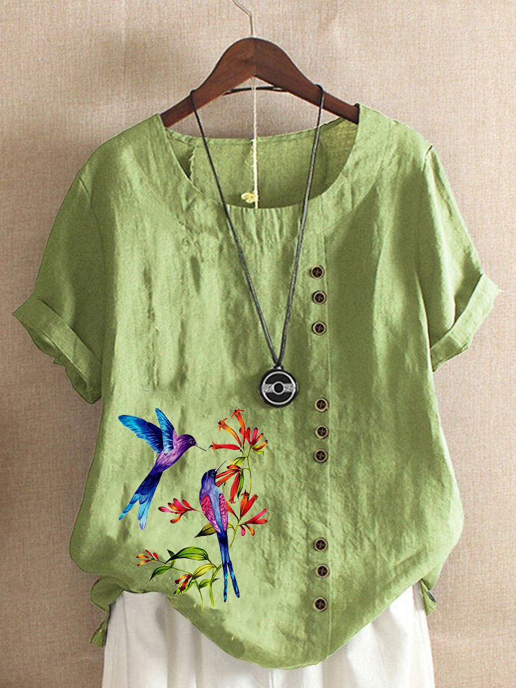 Round Neck Casual Loose Floral Short Sleeve Blouse