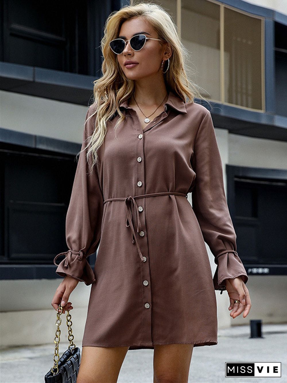 New Solid Lapel Lace Up Long Sleeved Shirt Dress