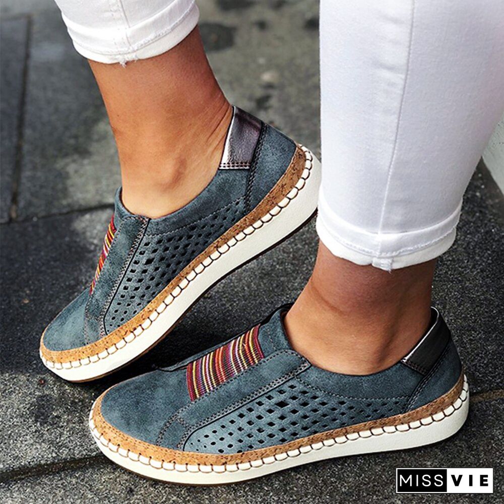 Women Slip On Sneakers Shallow Loafers Vulcanized Shoes Breathable Hollow Out Female Casual Shoes Ladies Leather Flats