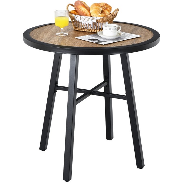 Patio Round Bistro Metal Table Patio Coffee Table With Heavy duty Steel Frame Wood like Top Outdoor Garden Deck Backyard