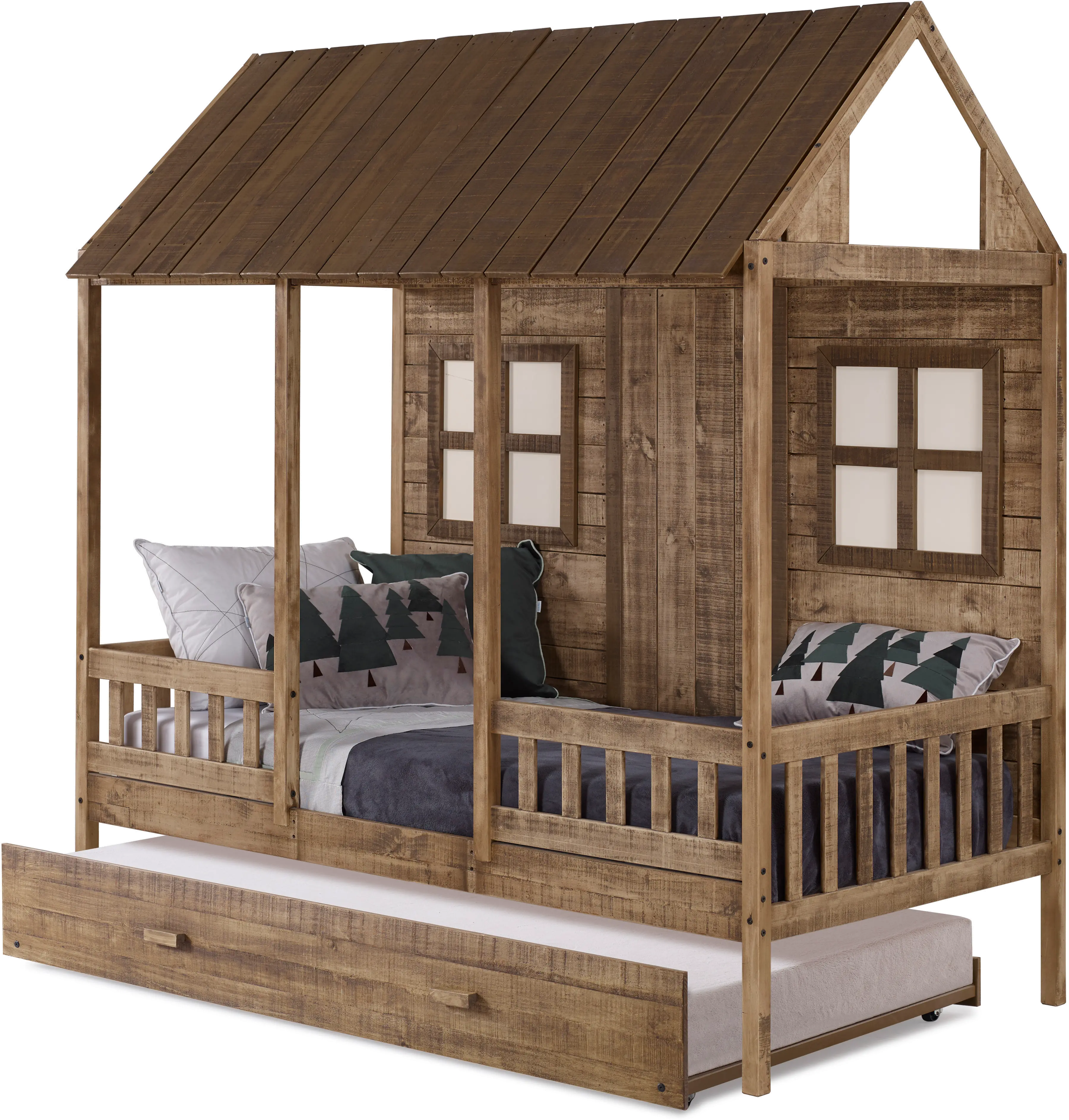 Rustic Driftwood Twin Low Loft Bed with Trundle - Front Porch