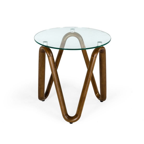 Cid 20 Inch Modern End Side Table， Glass Top， Artisanal Wavy Base， Walnut