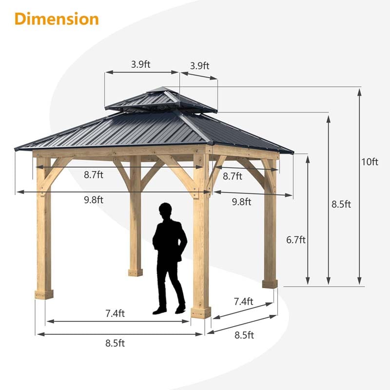 10 x 10 FT Outdoor Patio Hardtop Gazebo with Wood Frame & 2-Tier Metal Roof, All-Weather Gazebo Pergolas Shelter