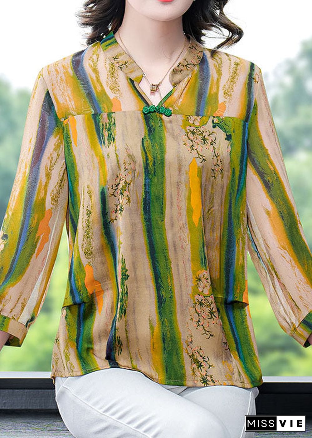 Vintage Yellow V Neck Print Patchwork Silk Shirt Tops Bracelet Sleeve