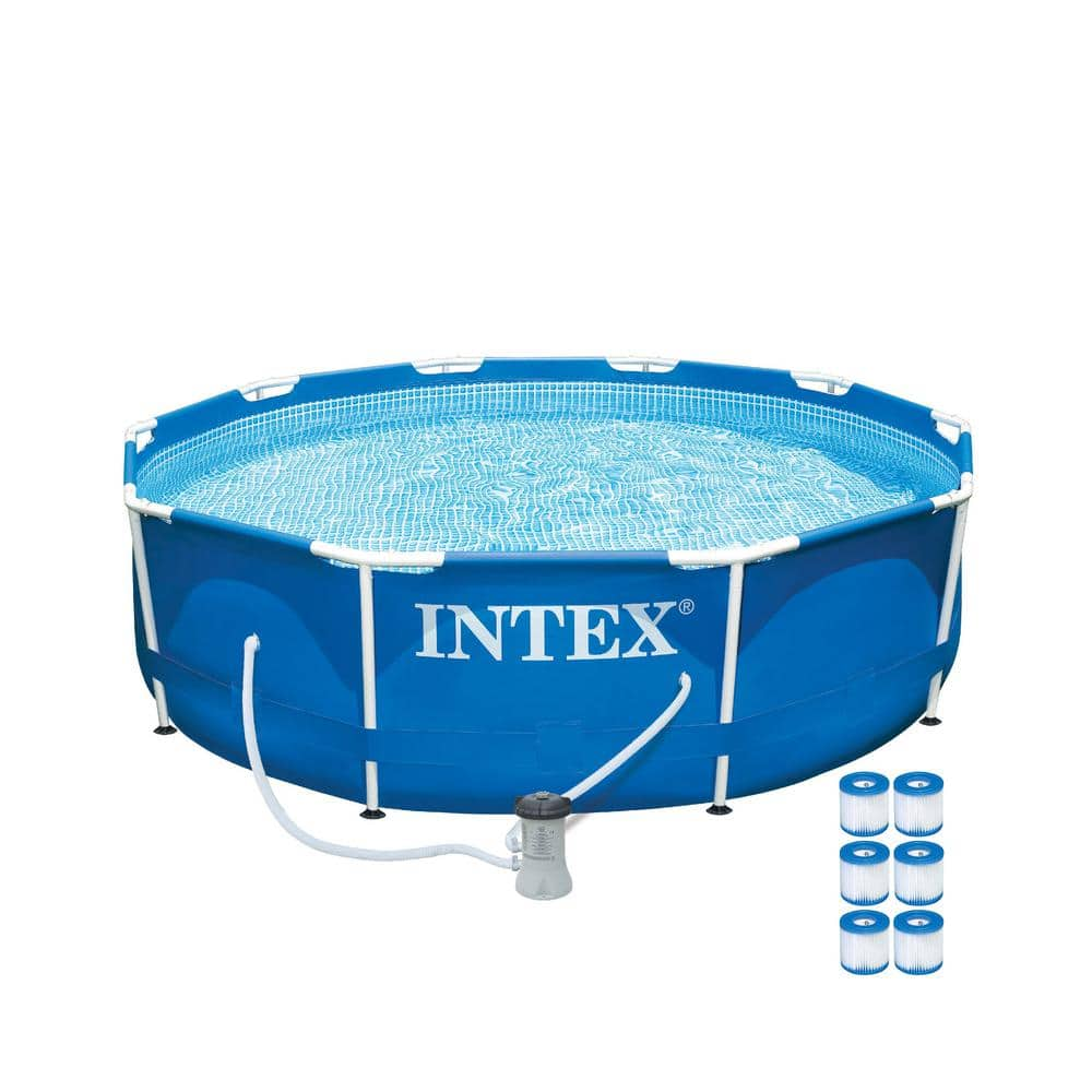 INTEX 10 ft. x 30 in. Deep Round Metal Frame Above Ground Swimming Pool with 330 GPH Pump and Filters, 1718 Gallons Capacity 28201EH + 29007E