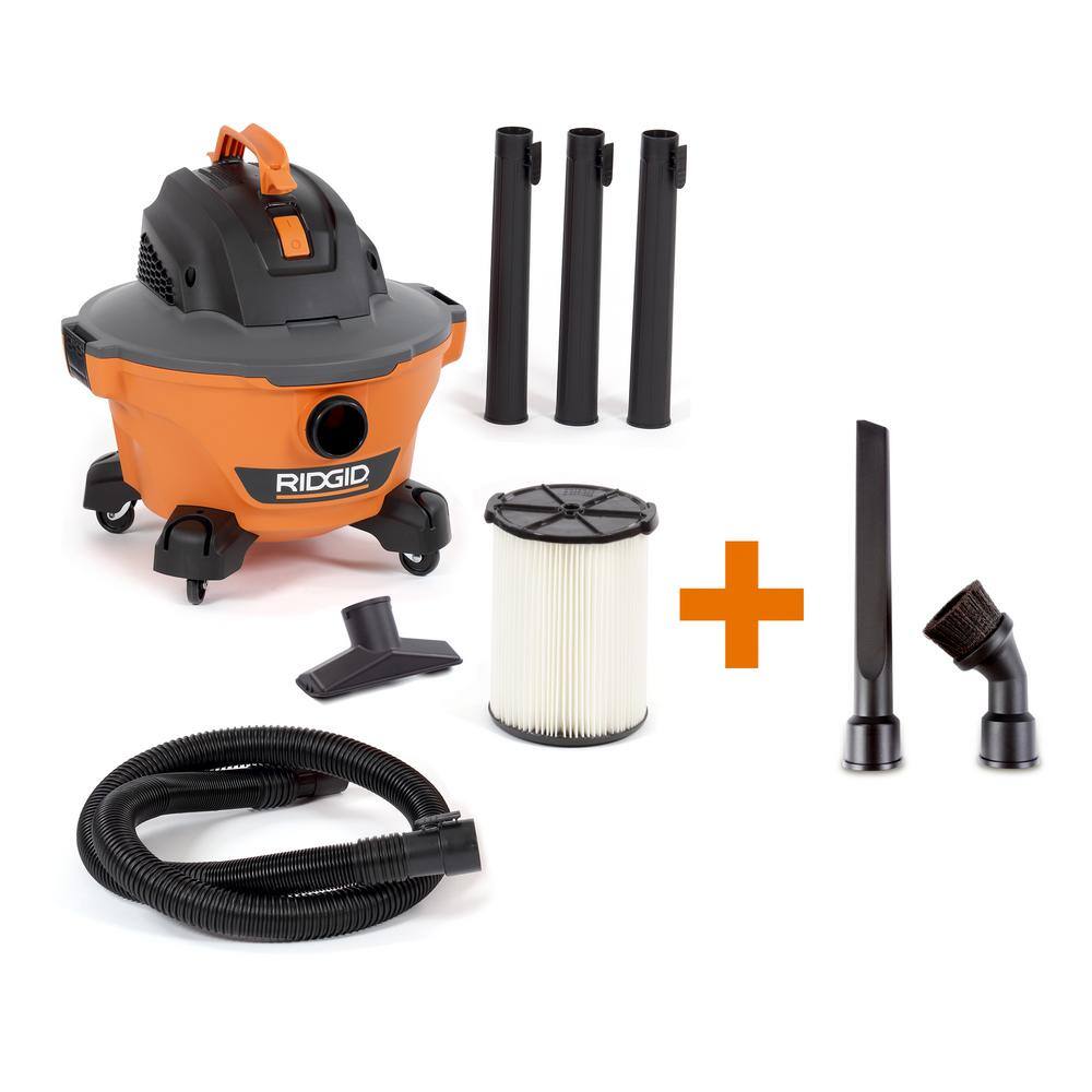 RIDGID 6 Gallon 3.5 Peak HP NXT WetDry Shop Vacuum with Filter Hose Wands Utility Nozzle Crevice Tool and Dusting Brush HD0600A