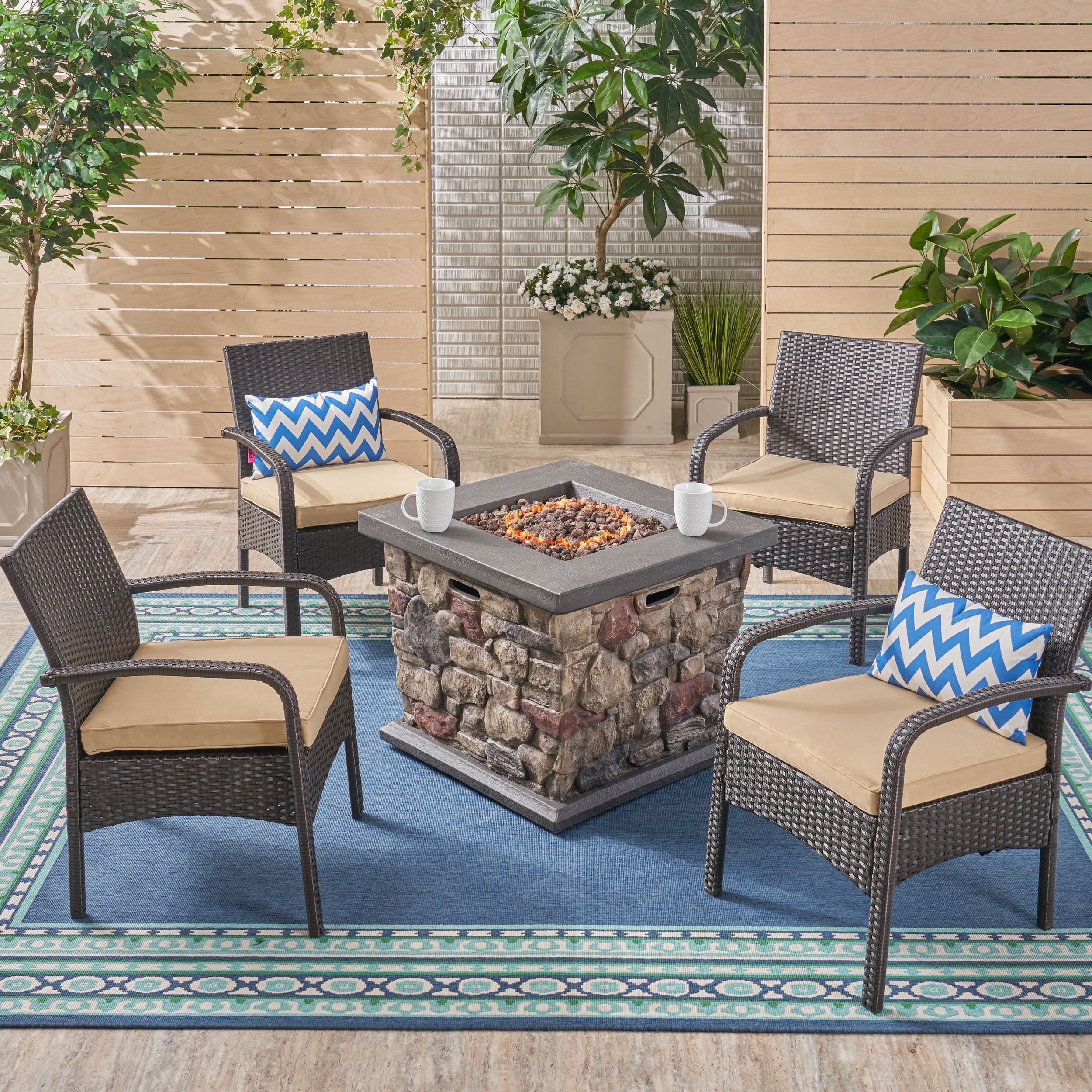 Mavis Patio Fire Pit Set, 4-Seater with Club Chairs, Wicker with Outdoor Cushions