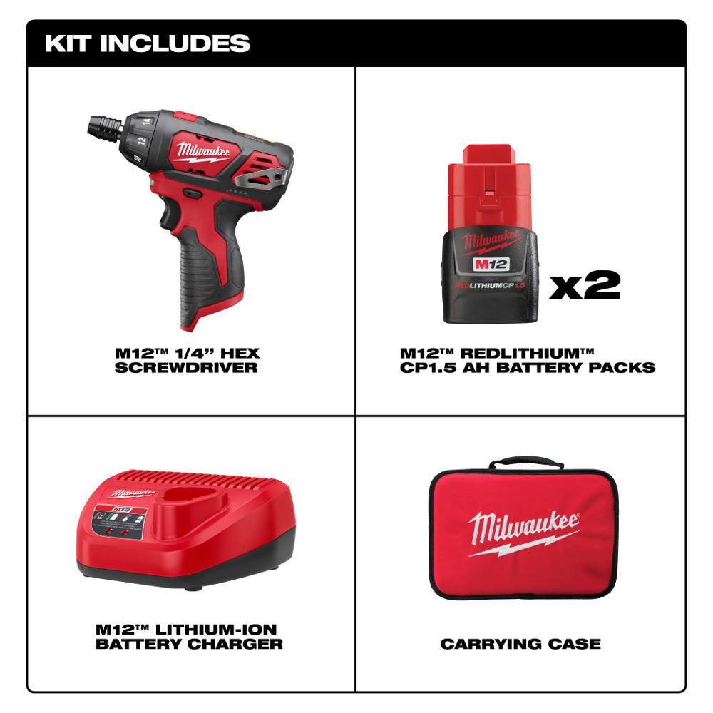 MW M12 12V Lithium-Ion Cordless 14 in. Hex Screwdriver Kit with Two 1.5Ah Batteries Charger and Tool Bag 2401-22