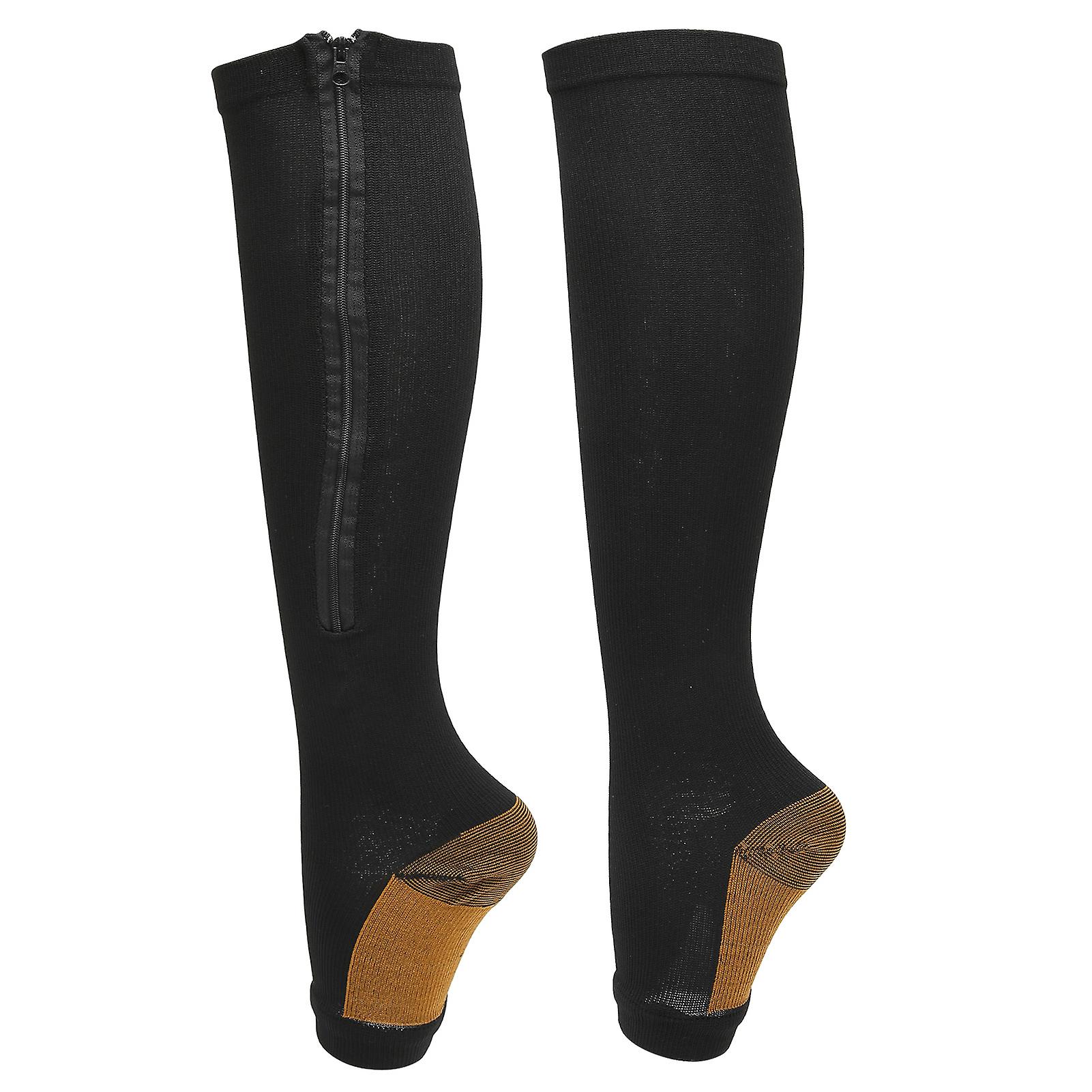 Zipper Compression Socks Soft Nylon Washable Reusable Open Toe Leg Shaping Socks For Womenblack Splicing L/xl