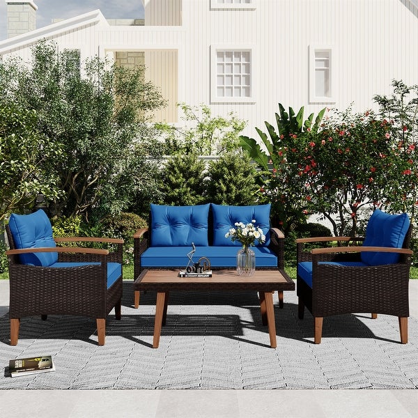 4-Piece PE Rattan Patio Sofa Set， Wood Table and Legs - Overstock - 37510708